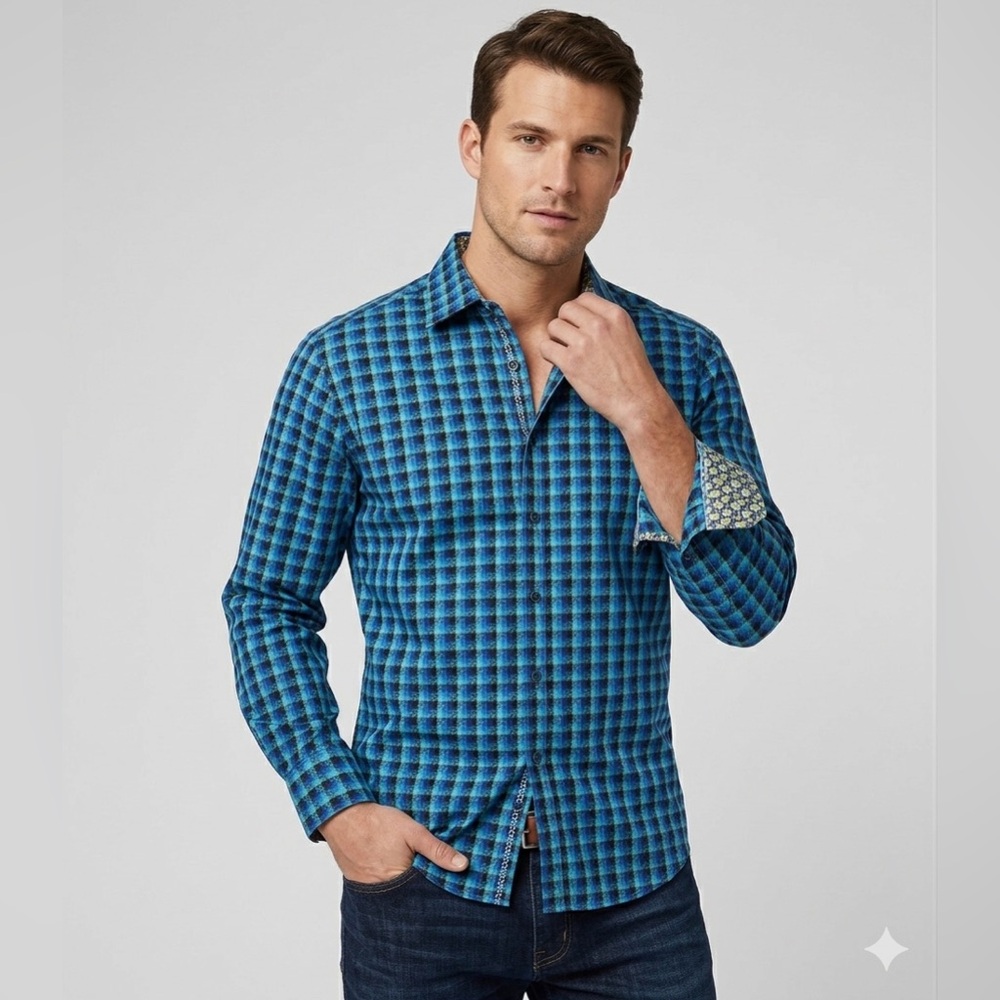 Robert Graham Blue Checkered Long Sleeve Button Up Mens Size XLarge